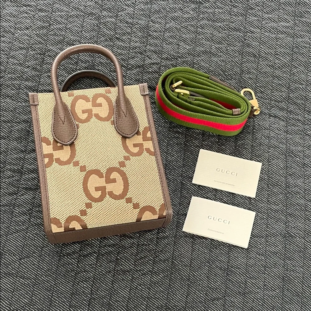 Gucci Jumbo GG Canvas Tote Mini in Brown and Tan with Adjustable Strap - Picture 6 of 11